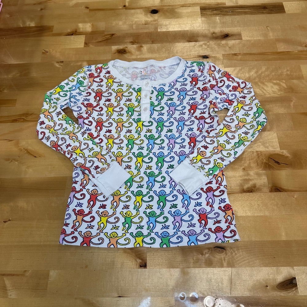 Roller Rabbit Henley Pajama Top Kids Size 8 White Rainbow Monkey